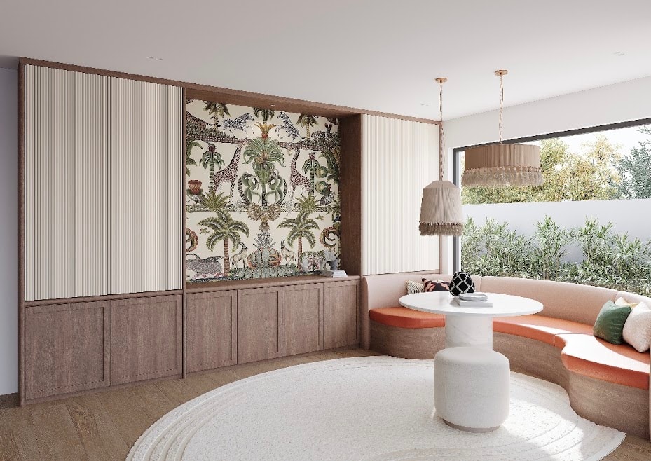 Curved terracotta nook by All Upholstery