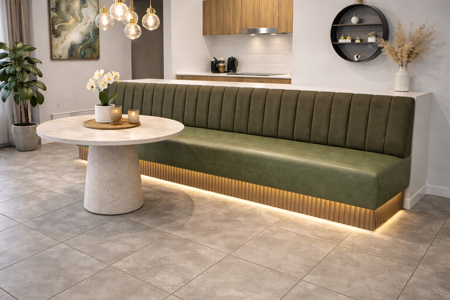 Green home banquette by All Upholstery