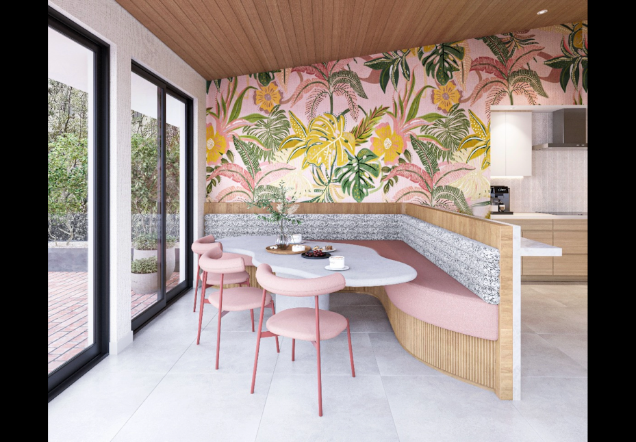 Pink residential kitchen nook by All Upholstery
