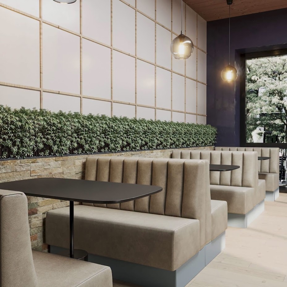 Taupe restaurant booth seating by All Upholstery